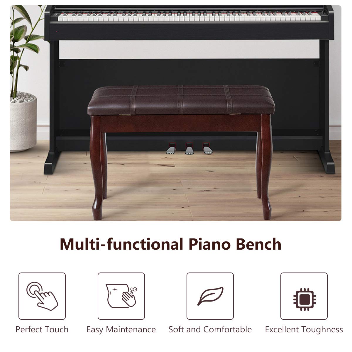 Goflame Piano Bench Stool With Padded Cushion And Music Storage, Heavy Duty Piano Duet Seat With Pu Leather Padded Seat And Soli