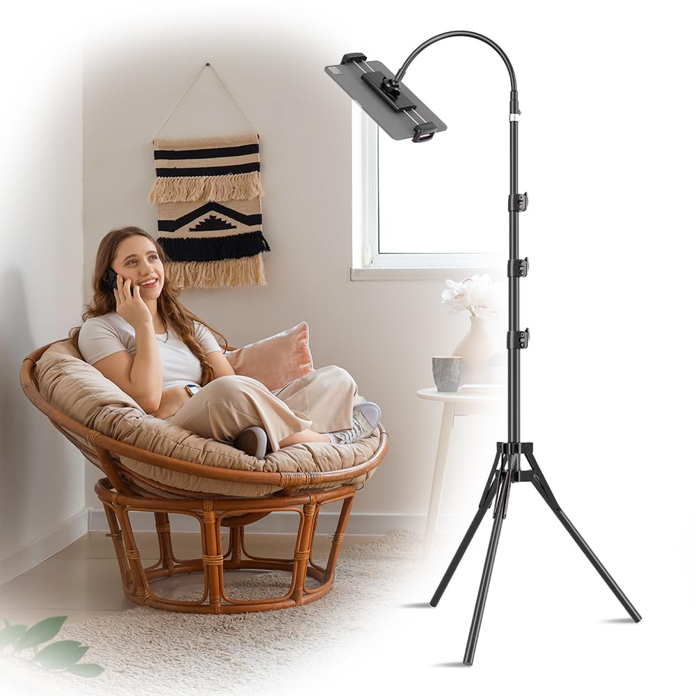 Lusweimi Adjustable Ipad Tripod Stand, 72' Floor Stand With 360 Rotating Gooseneck, Compatible With Ipad Pro 12.9, Iphone And 4.7 12.9' Tablets