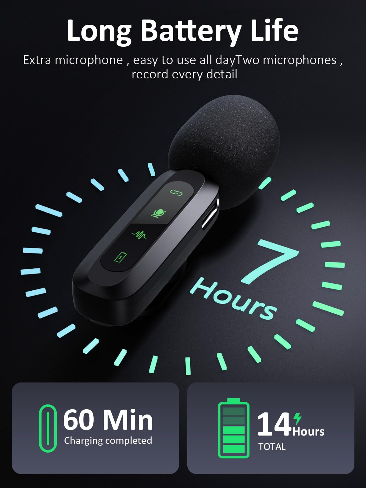 Wireless Lavalier Microphone For Iphone 5 14 Series, Led Display Mini Lav For Iphone With Noise Cancelling, Lapel Mic Wireless 2