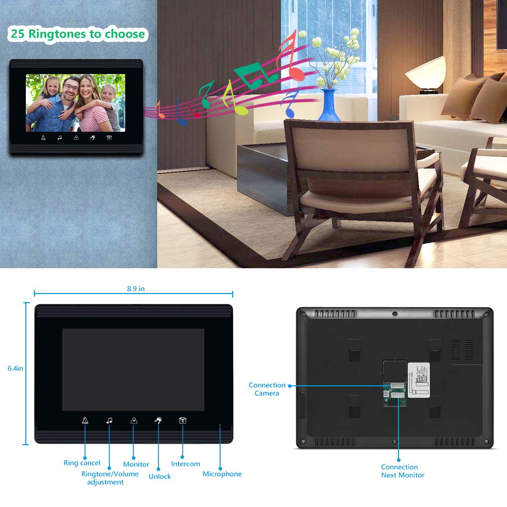 Amocam Video Intercom System, 7 Inches Monitor Wired Video Door Phone Doorbell Kits, Indoor Outdoor Ir Camera Support Unlock, Monitoring, Dual Way Intercom For Villa House Office Apartment