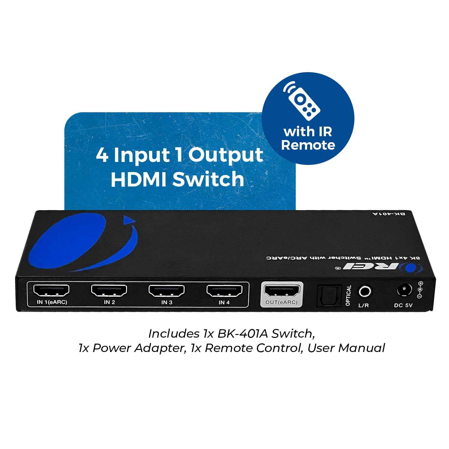 Orei 8K Earc Hdmi 2.1 Switch 4X1, Switcher With Audio Extractor Ultrahd Supports Upto 4K @ 120Hz Ps5, Xbox, Gaming, Remote Conto