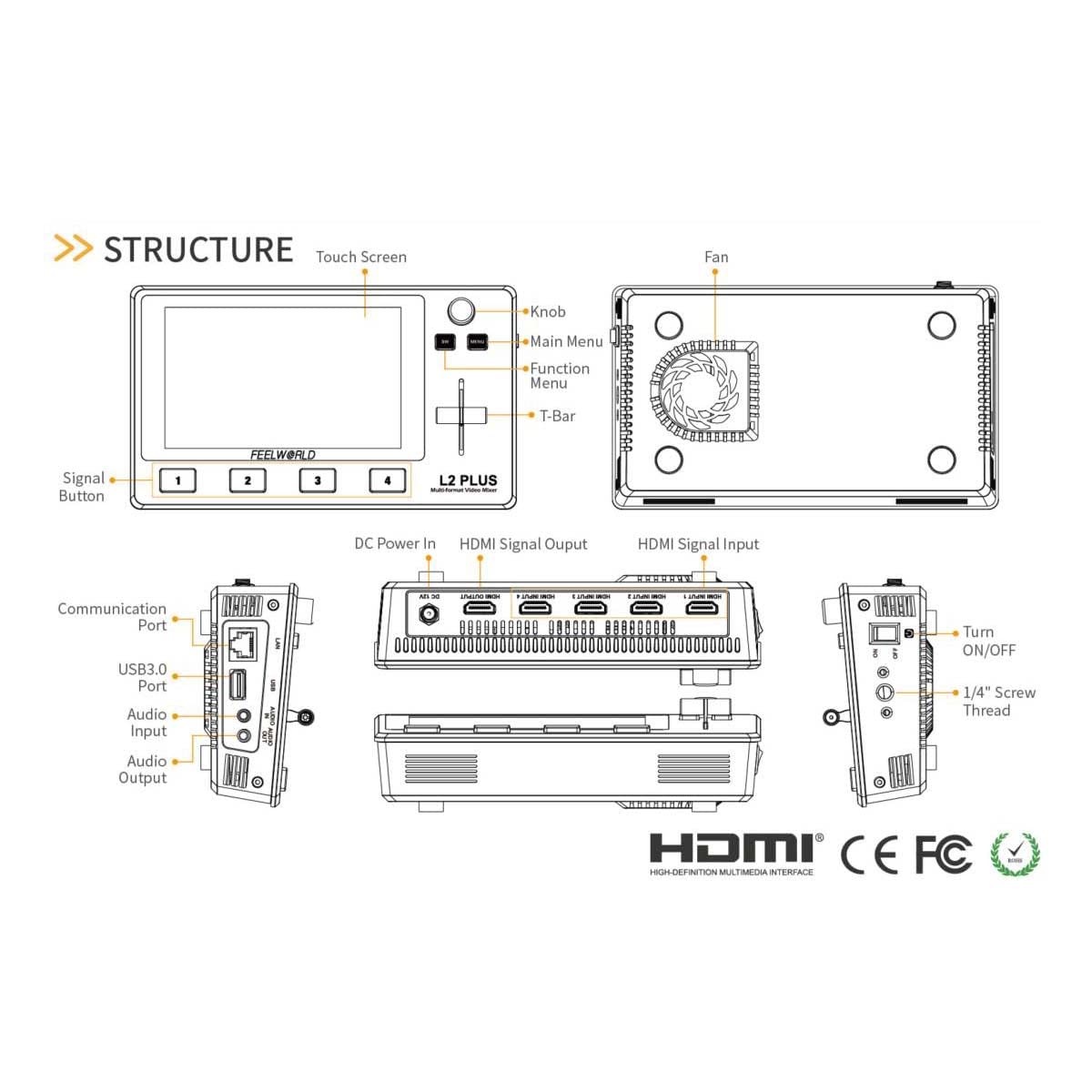 Feelworld L2 Plus 5.5'' Lcd Multi Camera Video Mixer Switcher With Touch Screen Ptz Control Chroma Key Usb3.0 For Live Streaming
