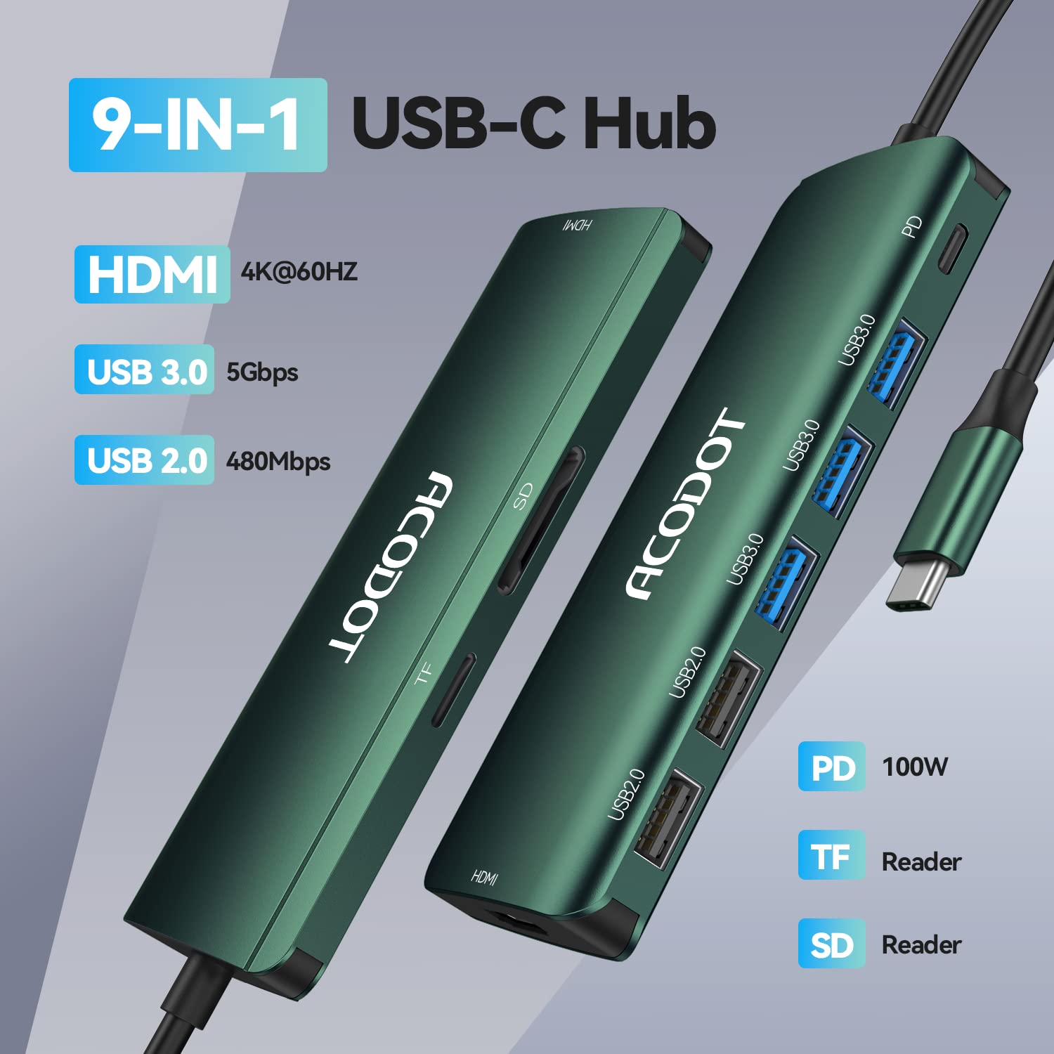 Usb C Hub, Acodot 9 In 1 Usb C To 4K@60Hz Hdmi Multiport Adapter, 3 Usb 3.0 Ports, Sd/Tf Card Reader, 100W Pd, Usb C Hub Multipo