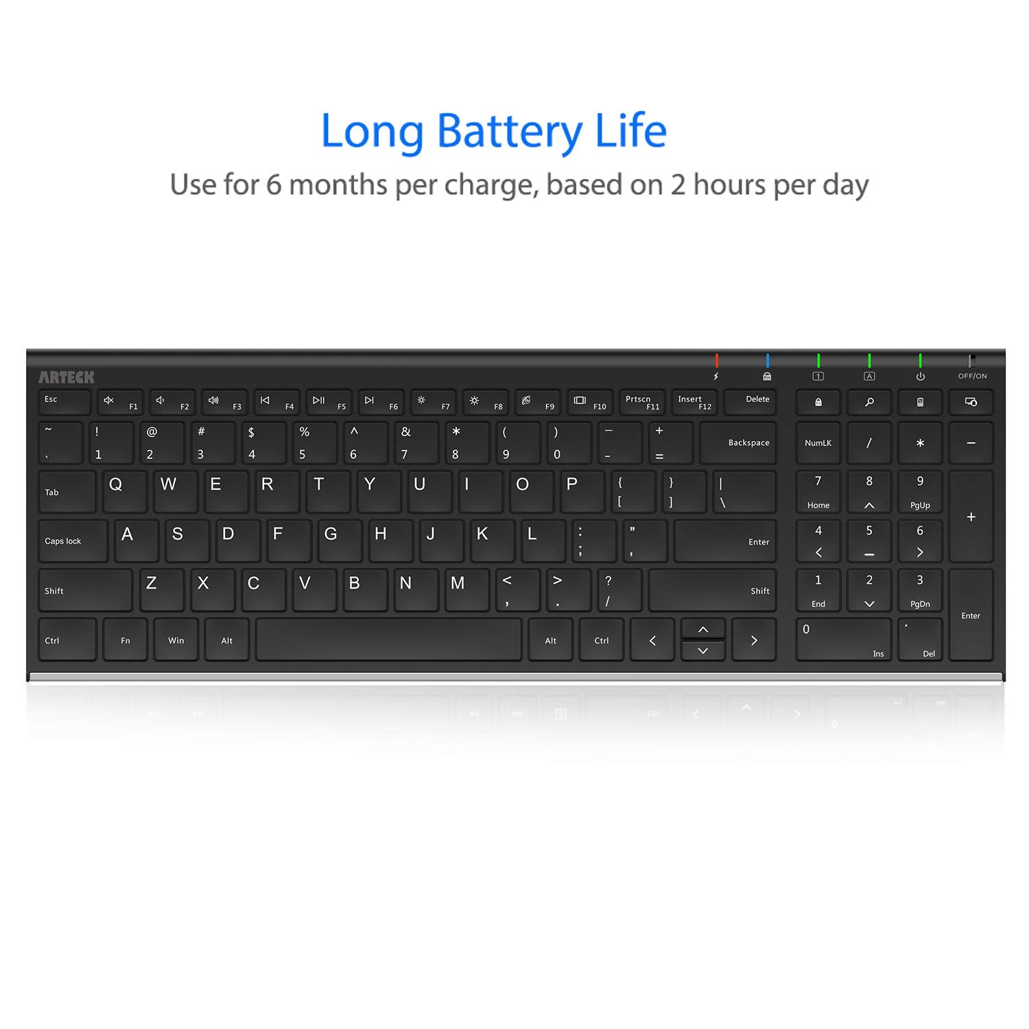 Arteck Usb Wireless Keyboard Stainless Steel Ultra Slim Keyboard With Numeric Keypad For Computer/Pc/Laptop And Windows 11/10/8