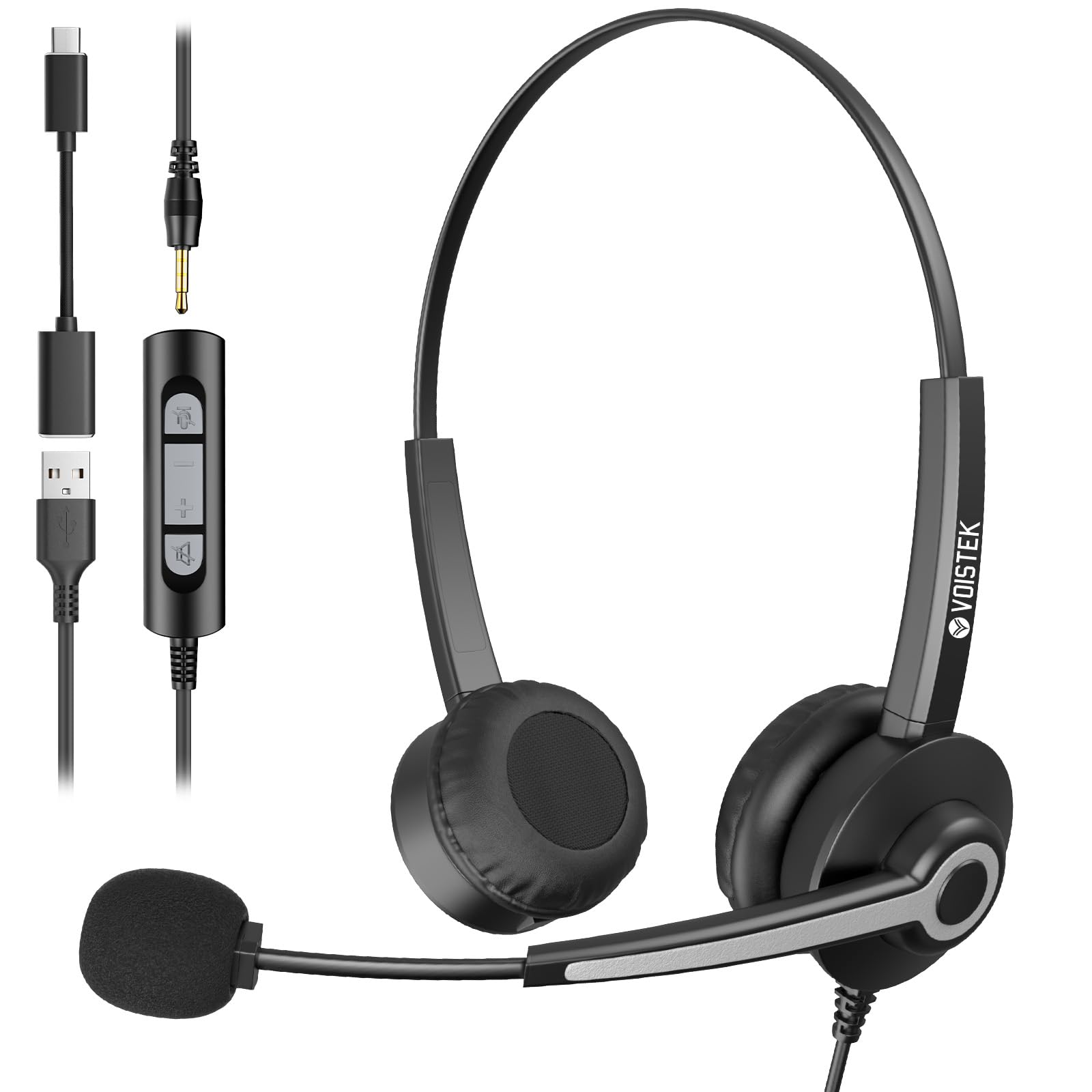 Voistek Wired Usb Headset With Microphone For Laptop/Pc/Macos,On Ear Headphones With Noise Cancelling Mic,In Line Control For Calls, Office, Home, Zoom, Skype, Team(3.5Mm+Usb A/C)