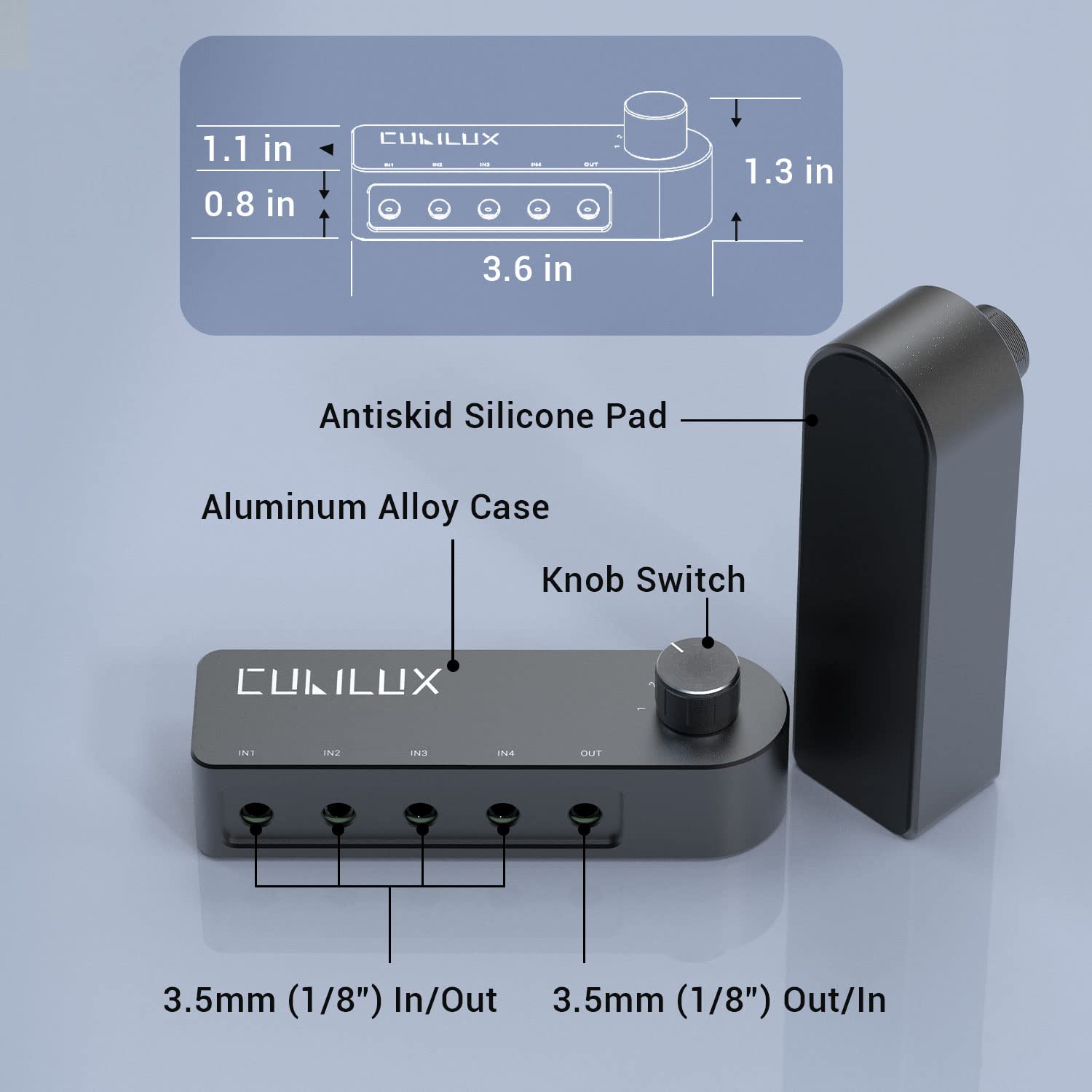 Cubilux Bidirectional 3.5Mm Audio Switcher (1 In To 4 Out / 4 In To 1 Out), Stereo 1/8� Aux Selector Box For Speaker Headphones/Earphones, Audio Switch For Laptop Computer Smartphone Tablet