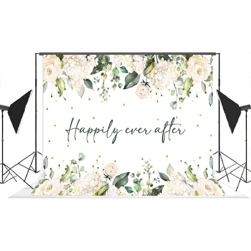 Lofaris Happily Ever After Backdrop For Wedding White Floral Green Leaves Gold Dots Photography Background Bridal Shower Wedding