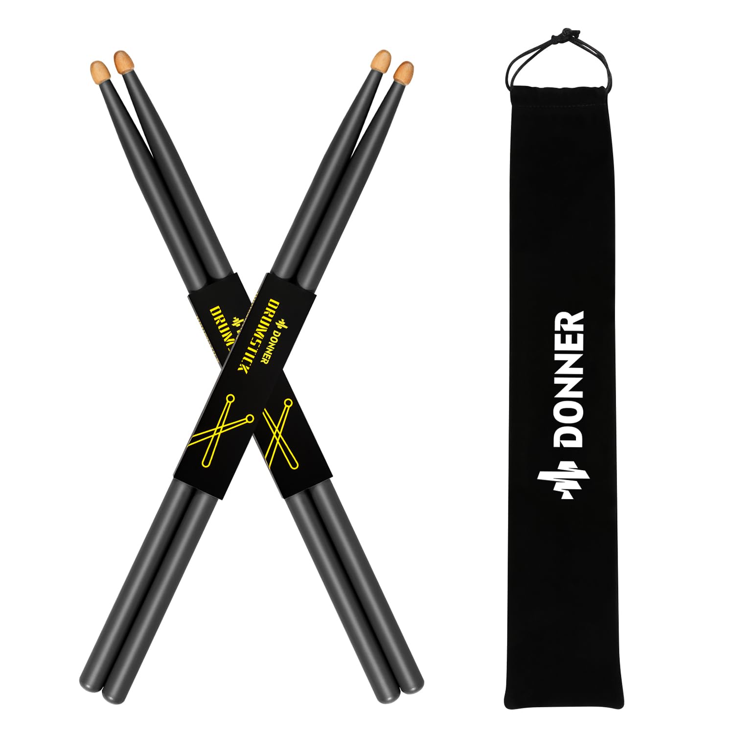 Donner Drum Sticks, 7A Snare Black Drumsticks Classic Maple Wood Drum Sticks with Carrying Bag, 2 Pairs