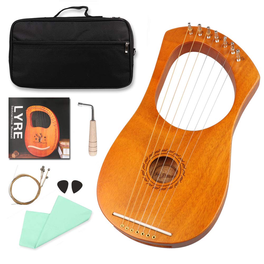 Mr.Power Lyre Harp Ancient Greece Style 7 Metal Strings Lyre With Tuning Wrench Extra String Set And Gig Bag (7 String, Natural Wood)