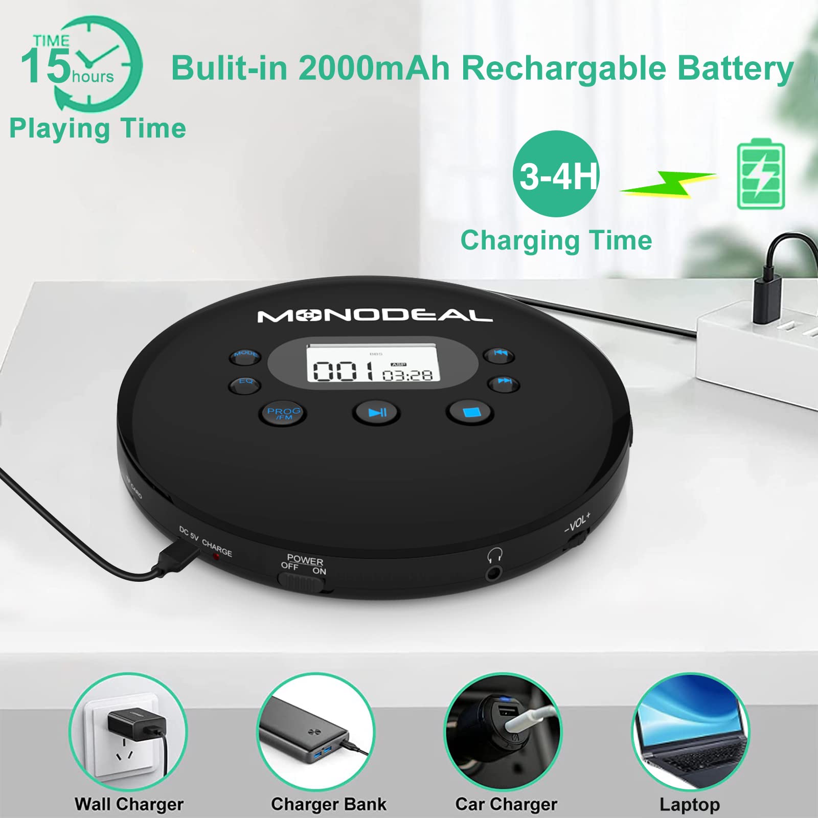 Cd Player Portable, Monodeal Portable Cd Player With Fm Transmitter, Rechargeable Cd Player For Car For Home Travel With Anti Skip Protection Compact Cd Player Walkman With Headphones