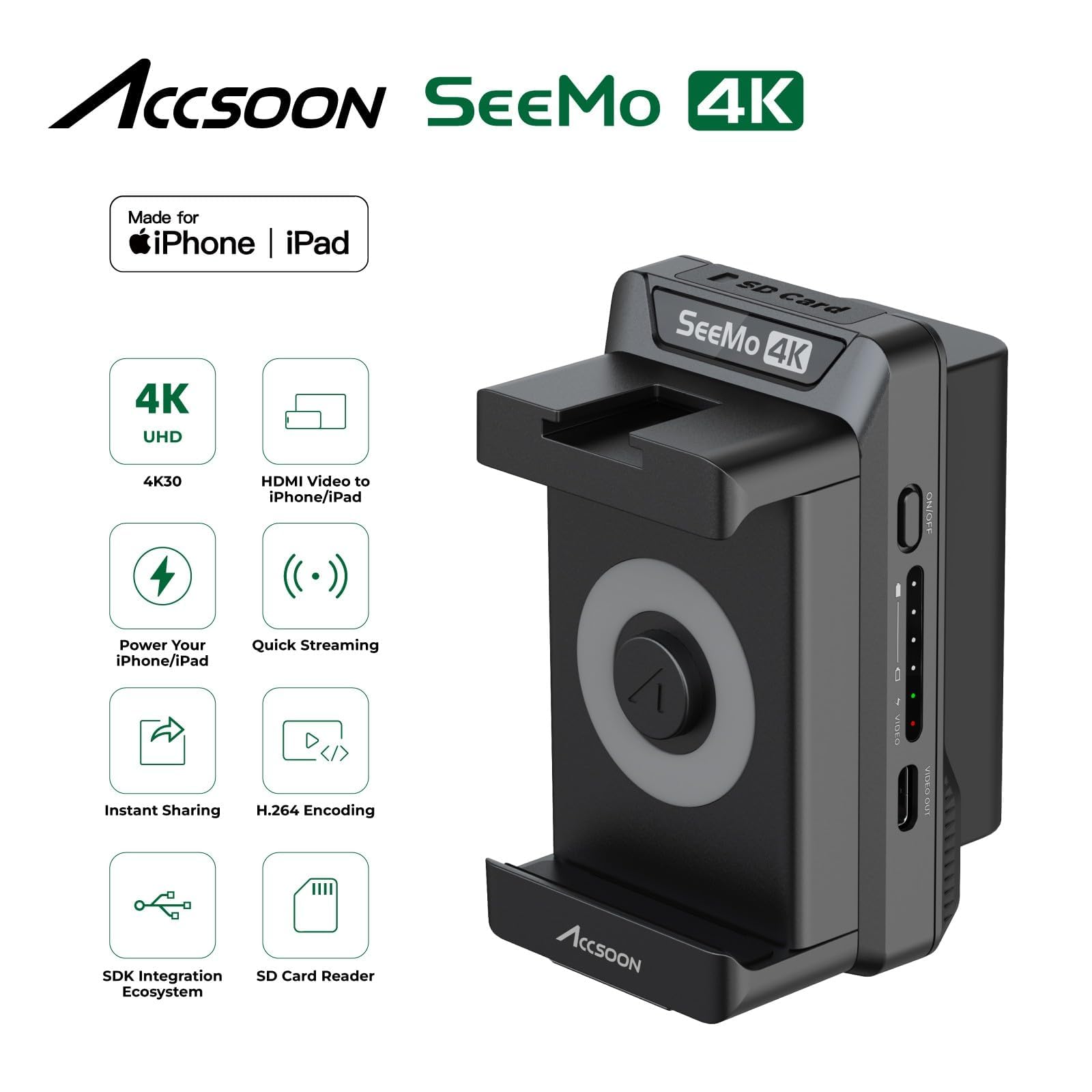 Accsoon Seemo 4K Hdmi Video Transmitter Adapter For Iphone Ipad, Ios/Hdmi Video Capture Terminal Turns Iphone Into On Camera Monitor, For Video Recording Live Streaming Black
