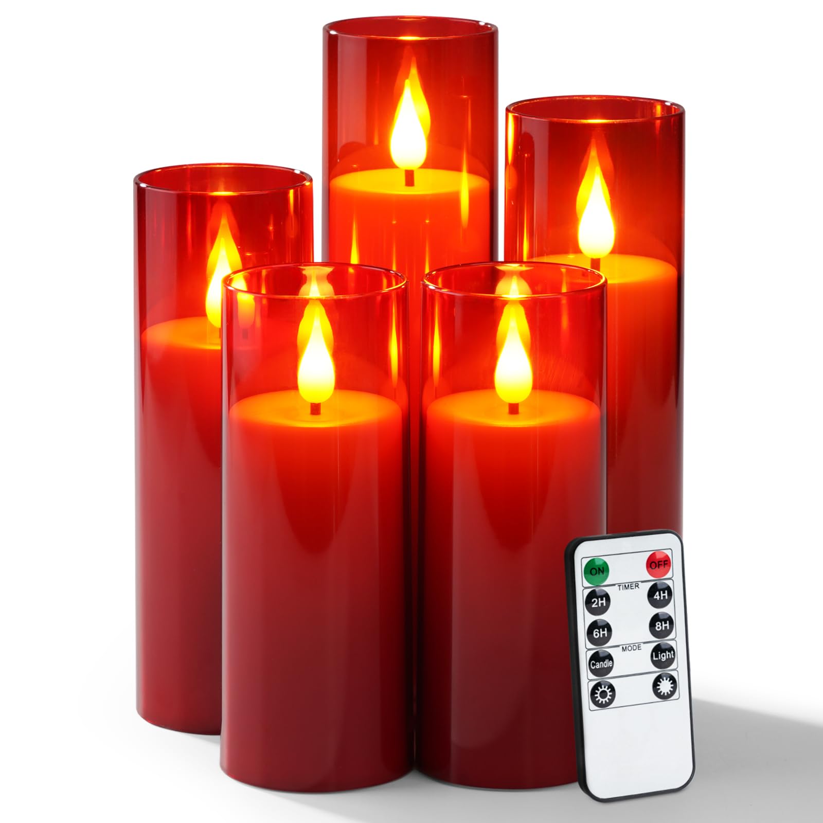 Amagic Red Flameless Candles With Remote, Battery Operated Candles With Timer, Acrylic Flickering Led Candles For Christmas Deco