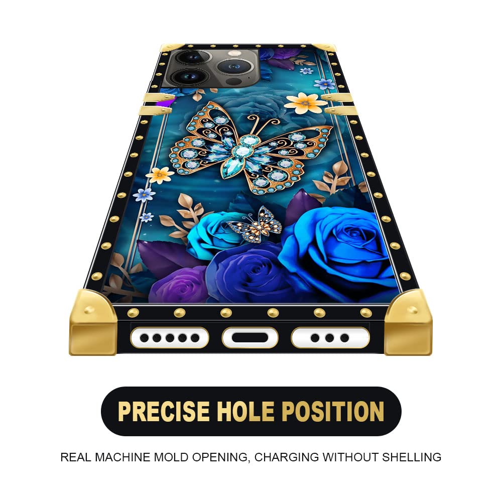 Pinsheng Phone Case Compatible with iPhone 14 Pro Max Square Shockproof Blue Rose Butterfly TPU Metal Decoration