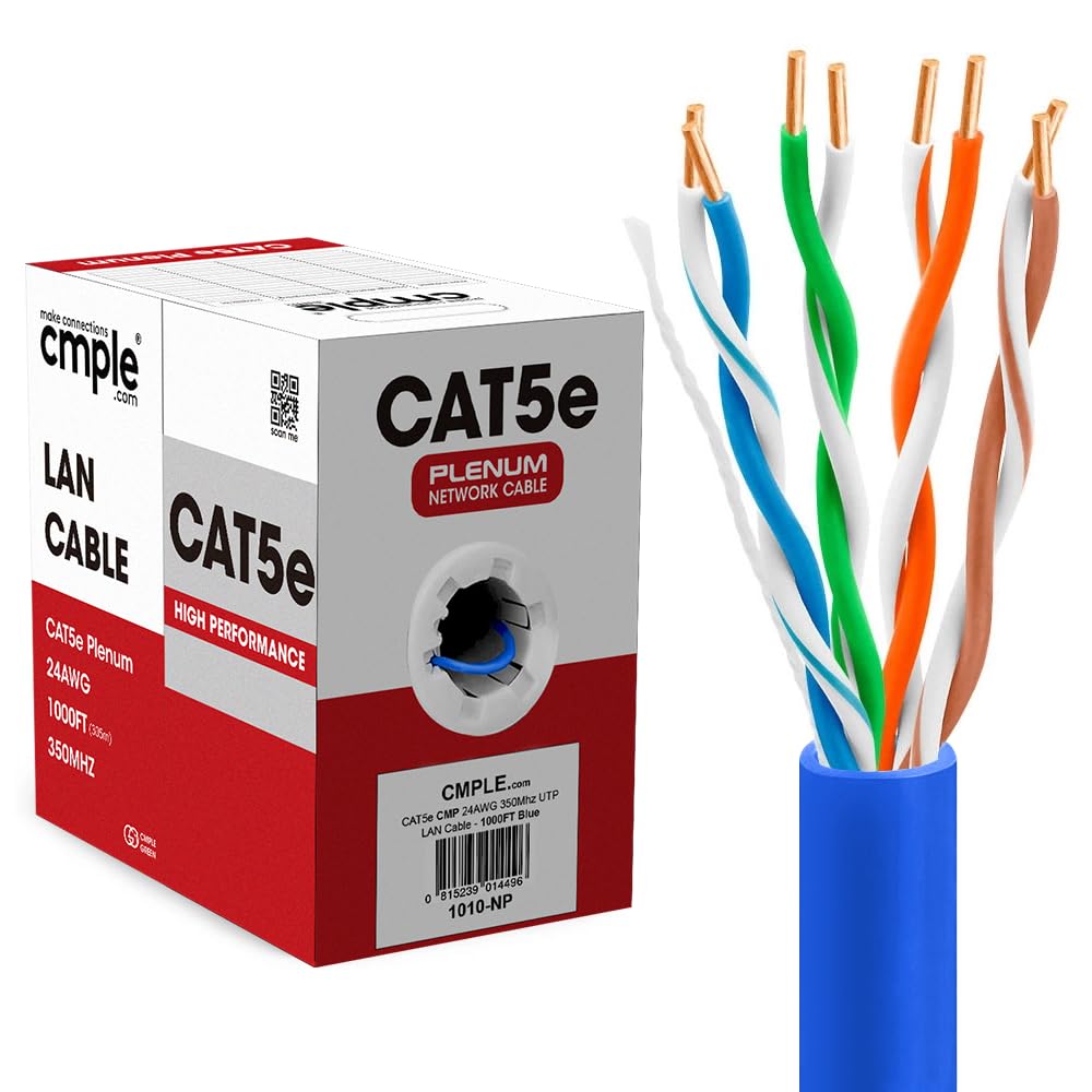 Cmple   Cat5E Plenum Cable 1000Ft Cmp Blue 24Awg 350Mhz Gigabit Ethernet Solid Network Internet Bulk Utp
