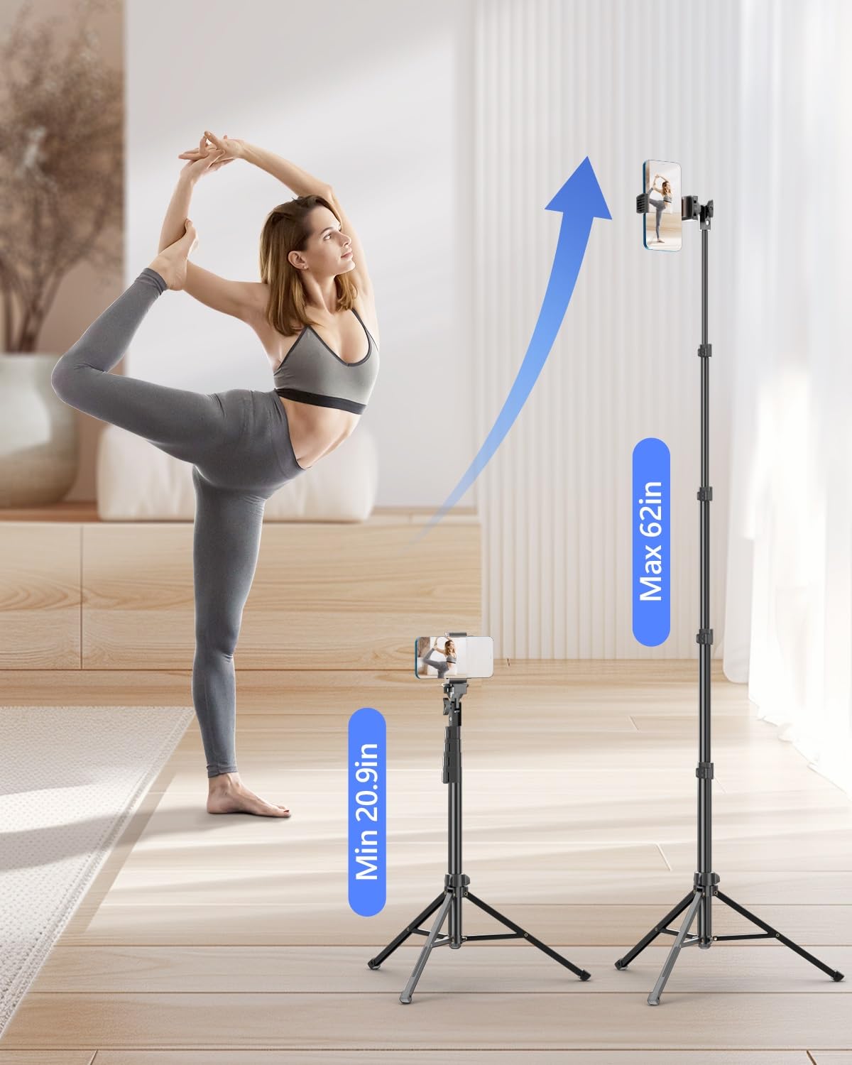 Emart 62 Cell Phone Tripod Stand, Adjustable Floor Cellphone Tri Pod Holder With Remote For Iphone And Android, Portable Compact