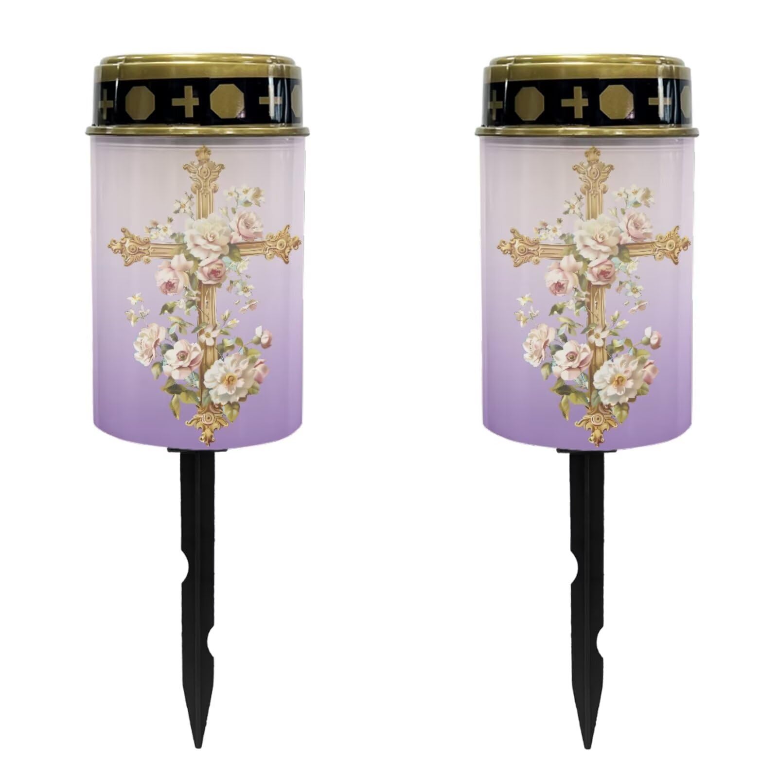 Luarisgur Cross with Flower Solar Memorial Lights for Graves Purple Gravesite Decorations Cemetery Eternal Light Solar Candle Li