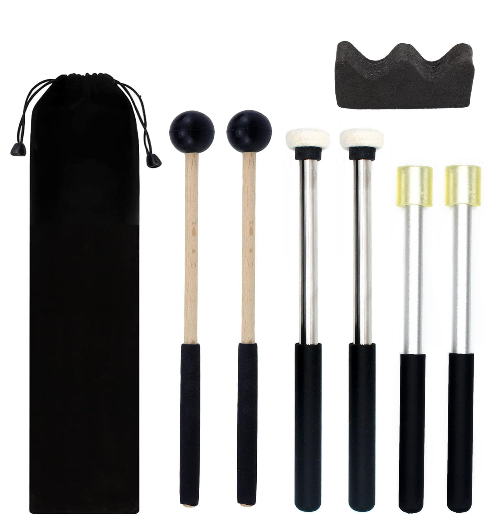 TUOREN 3Pair Steel Tongue Drum Mallet Hand Pan Sticks Percussion Instrument Accessories with Bracket, Velvet Storage Bag