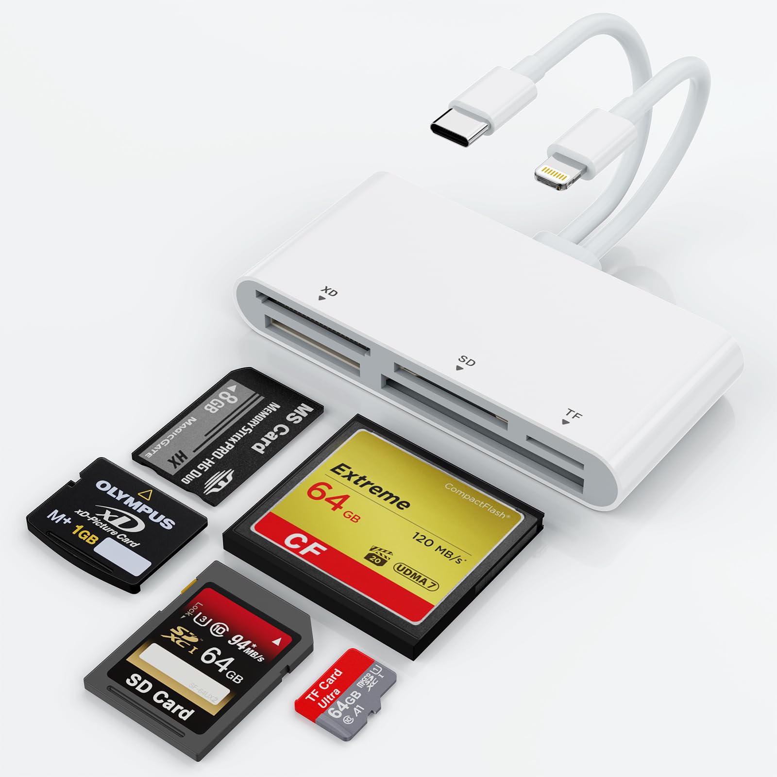 Sd Cf Xd Ms Tf Card Reader Compatible With Iphone/Ipad, 5 In 1 Multi Memory Card Reader Otg Adapter Supports Micro Sd/Sdhc/Xd/Cf
