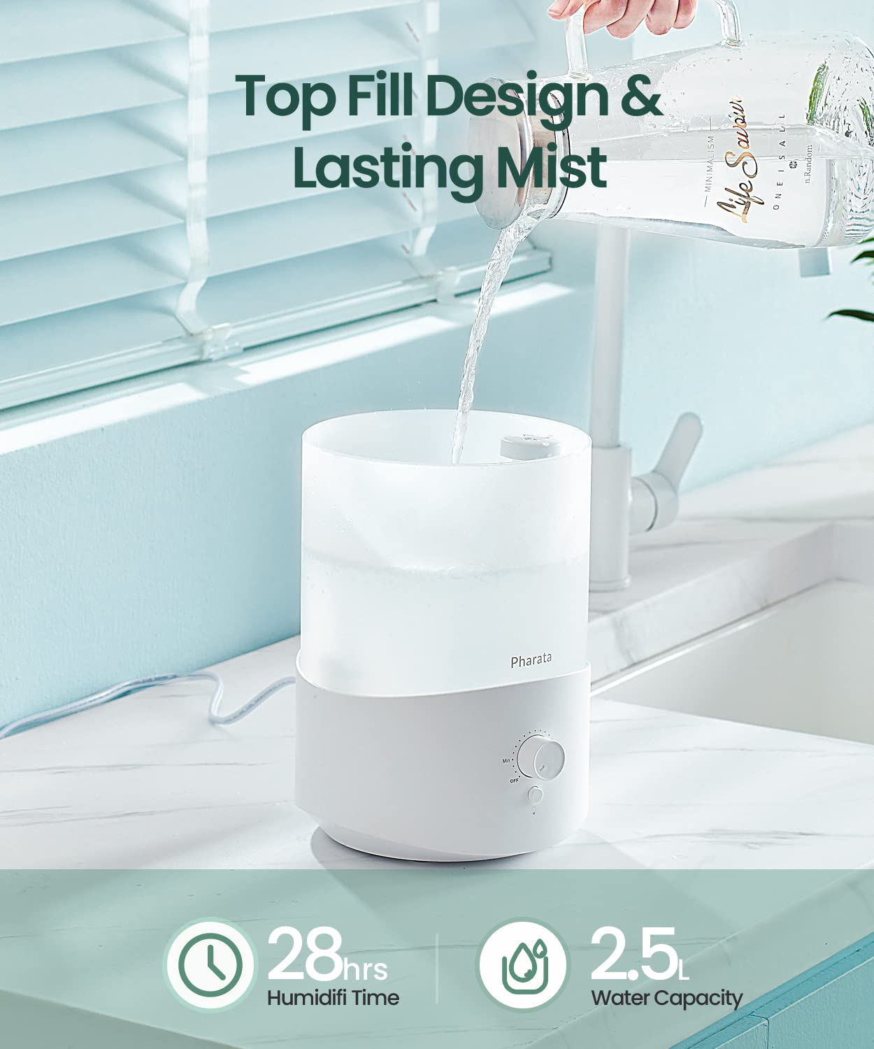 Pharata Humidifiers For Bedroom Large Room, 2.5L Cool Mist Humidifier With Essential Oil Diffuser, Top Fill Humidifier For Baby,