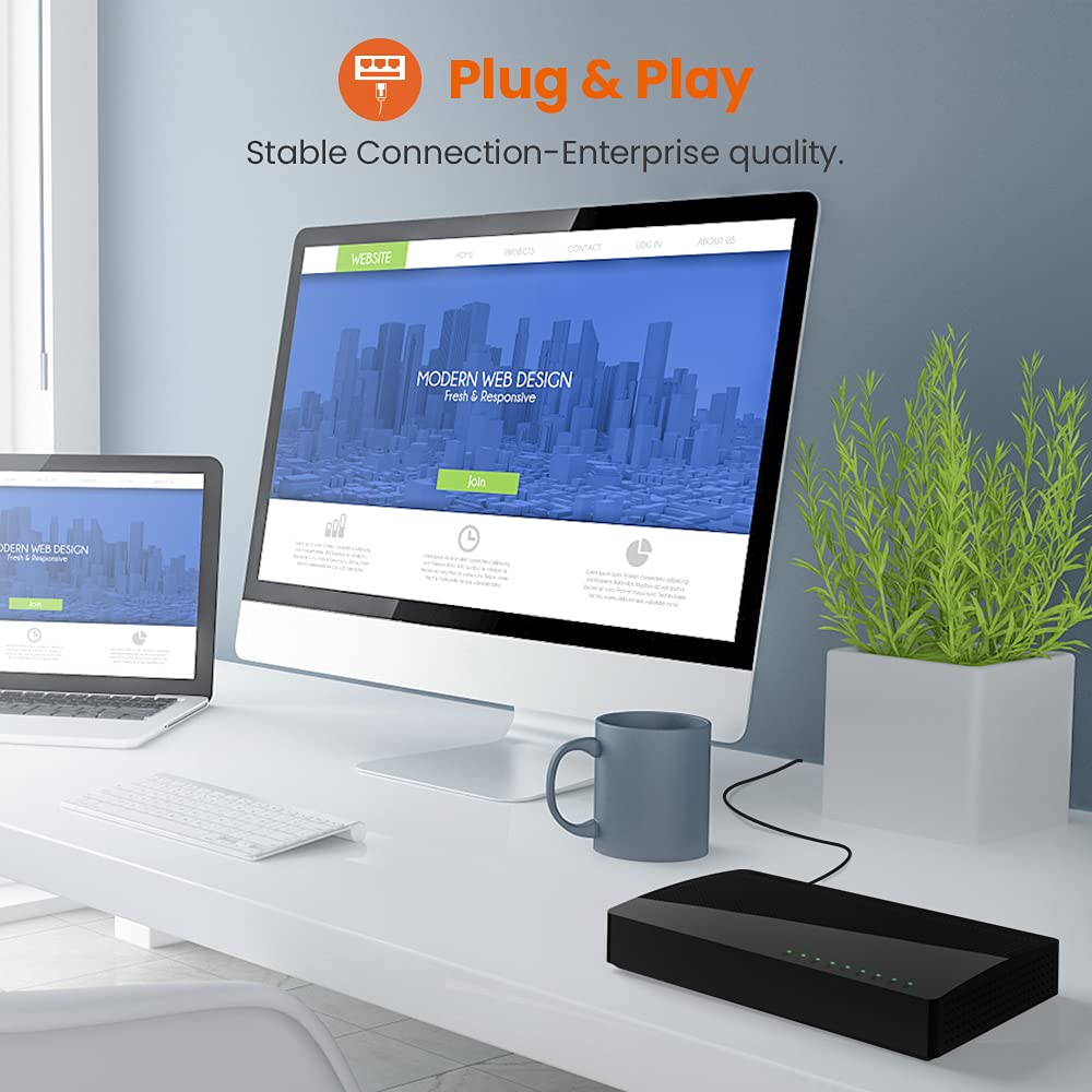 Tenda Sg108, 8-Port Gigabit Ethernet Switch, Unmanaged Network Hub, Ethernet Splitter, Plug & Play, Shielded Ports & Plastic Cas