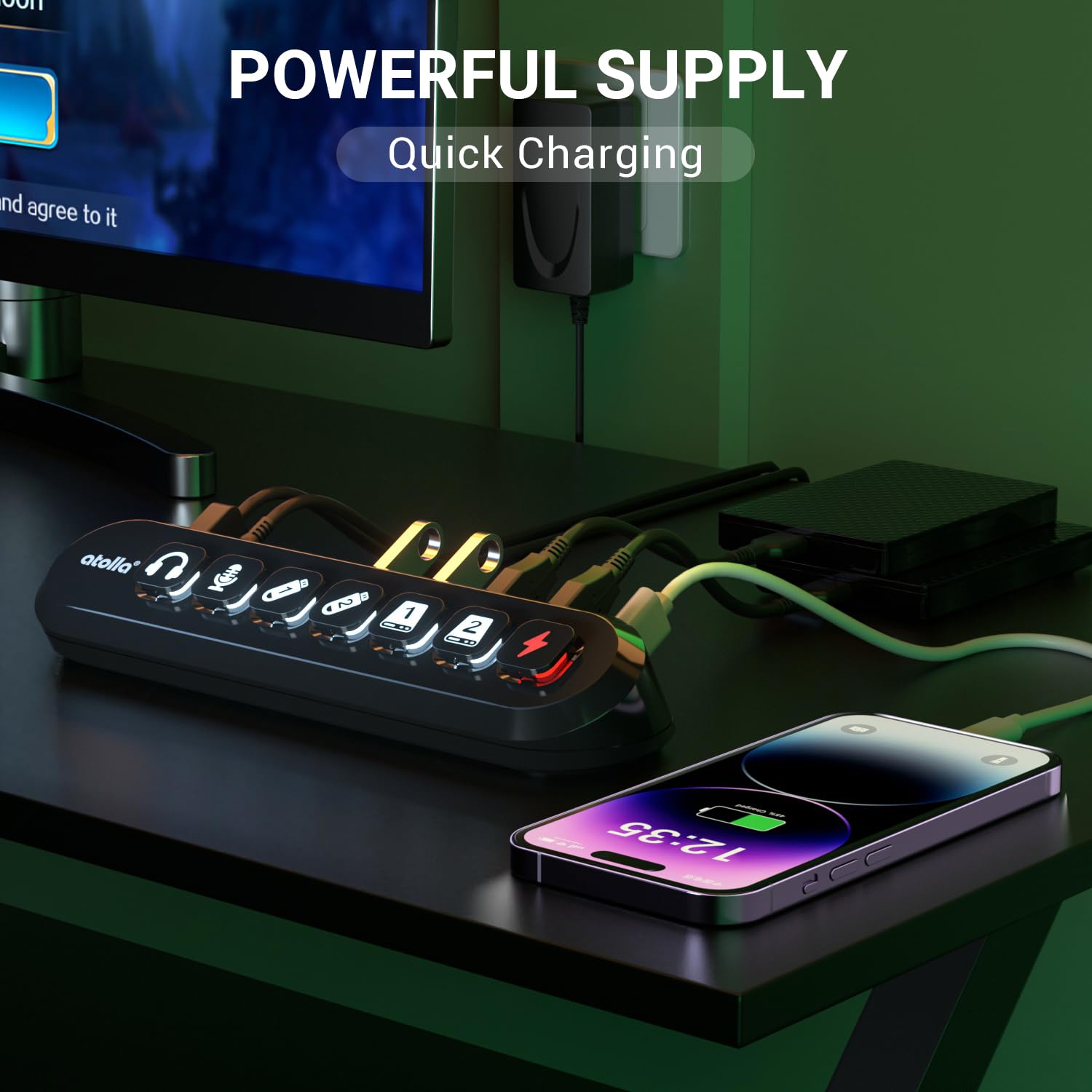 Powered Usb Hub, Atolla 7-Port Usb 3.0 Hub (6 Superspeed Transfer Ports+ 1 Fast Charging Port) With Swappable Illuminated Icon S