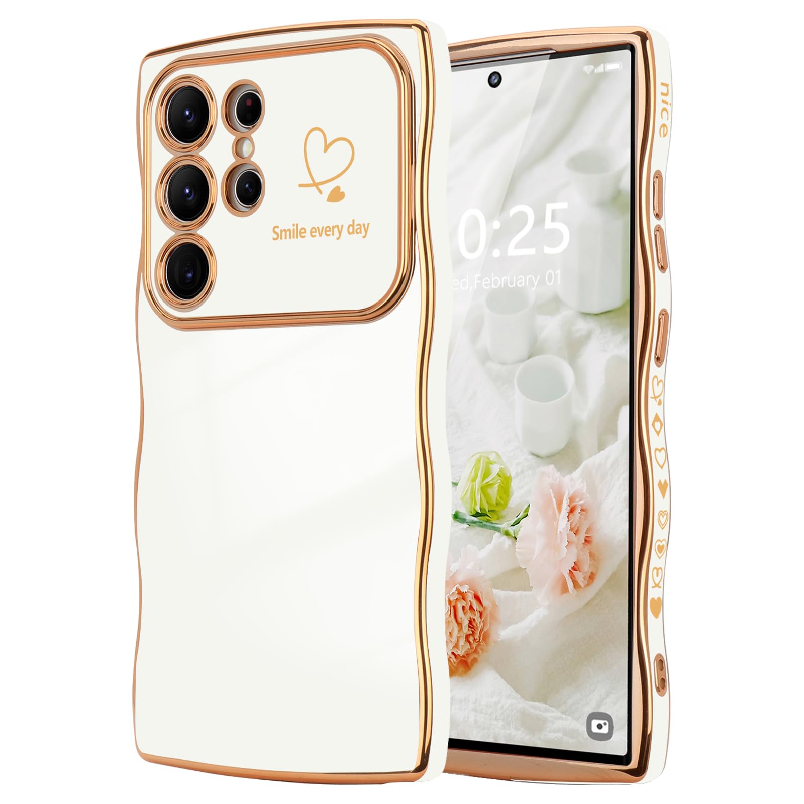 Lchulle For Samsung Galaxy S22 Ultra Case For Women Girls, Cute Wave Frame Curly Shape With Love Heart Raised Camera Protection