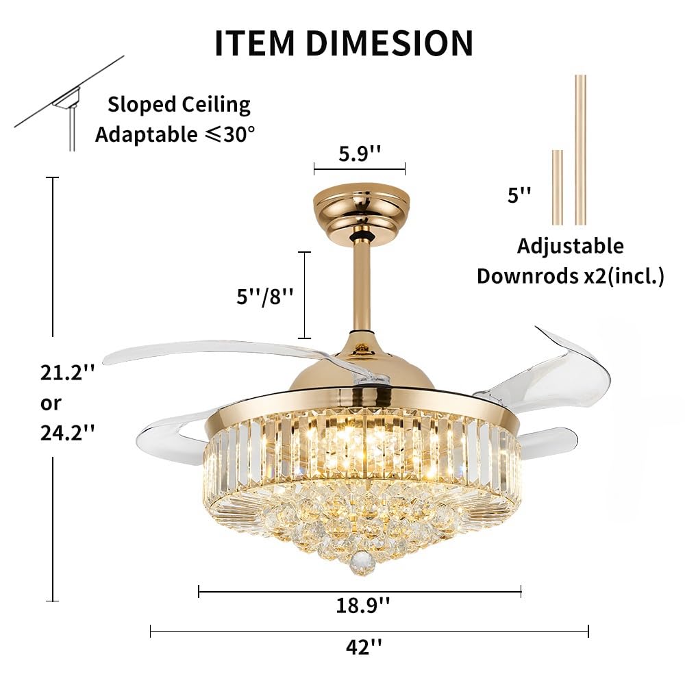 42'' Fandelier Ceiling Fan With Light, Retractable Chandelier Fan Led Dimmable Crystal Ceiling Fan For Bedroom Living Room Dinin
