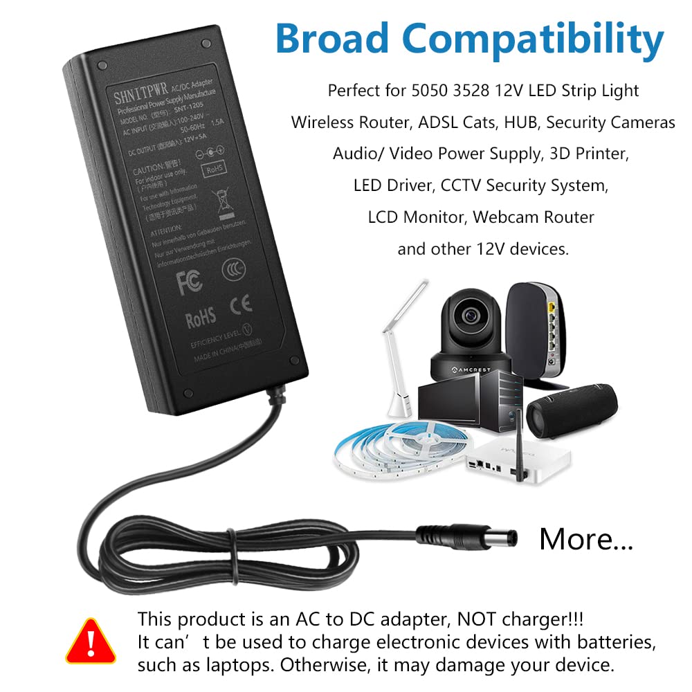 Shnitpwr 12V Dc Power Supply 5A 60W Ac/Dc Adapter 100~240V Ac To Dc 12 Volt 5 Amp 4.7A 4.5A 4A 3.5A 3A Converter Transformer Led