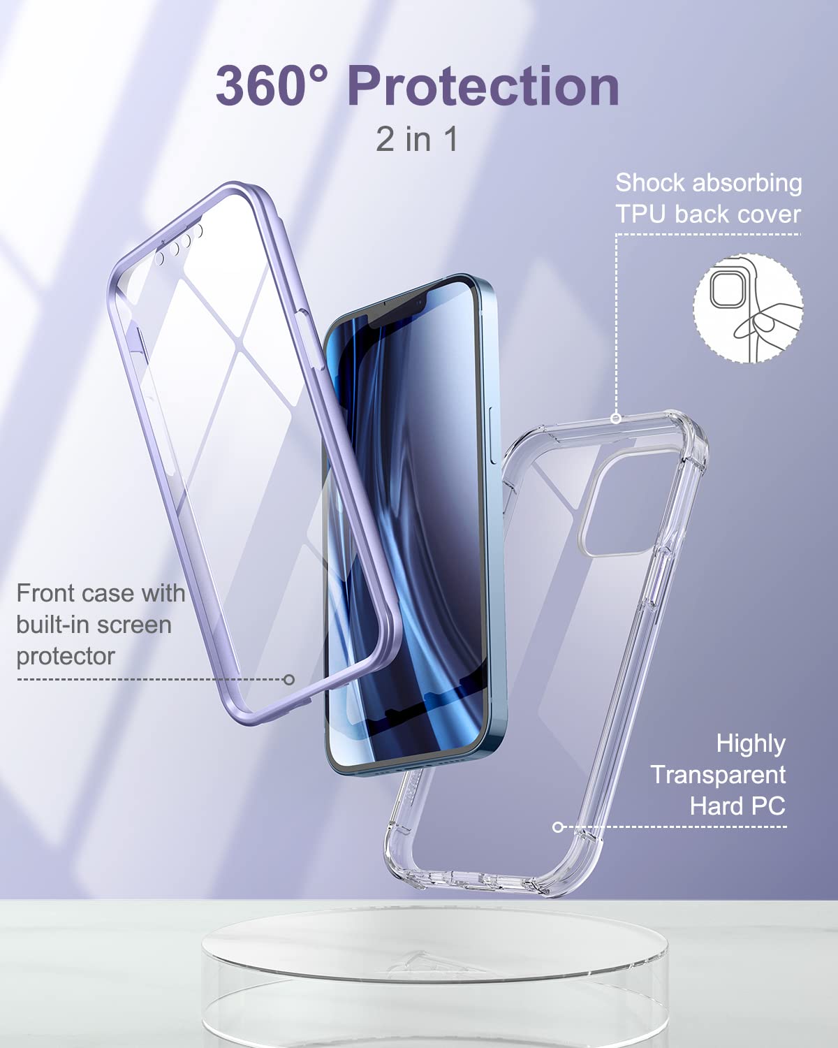 SURITCH iPhone 13 Pro Max Clear Case with Built-in Screen Protector, Lavender Blue, Full Body Protection, Shockproof Bumper Cover