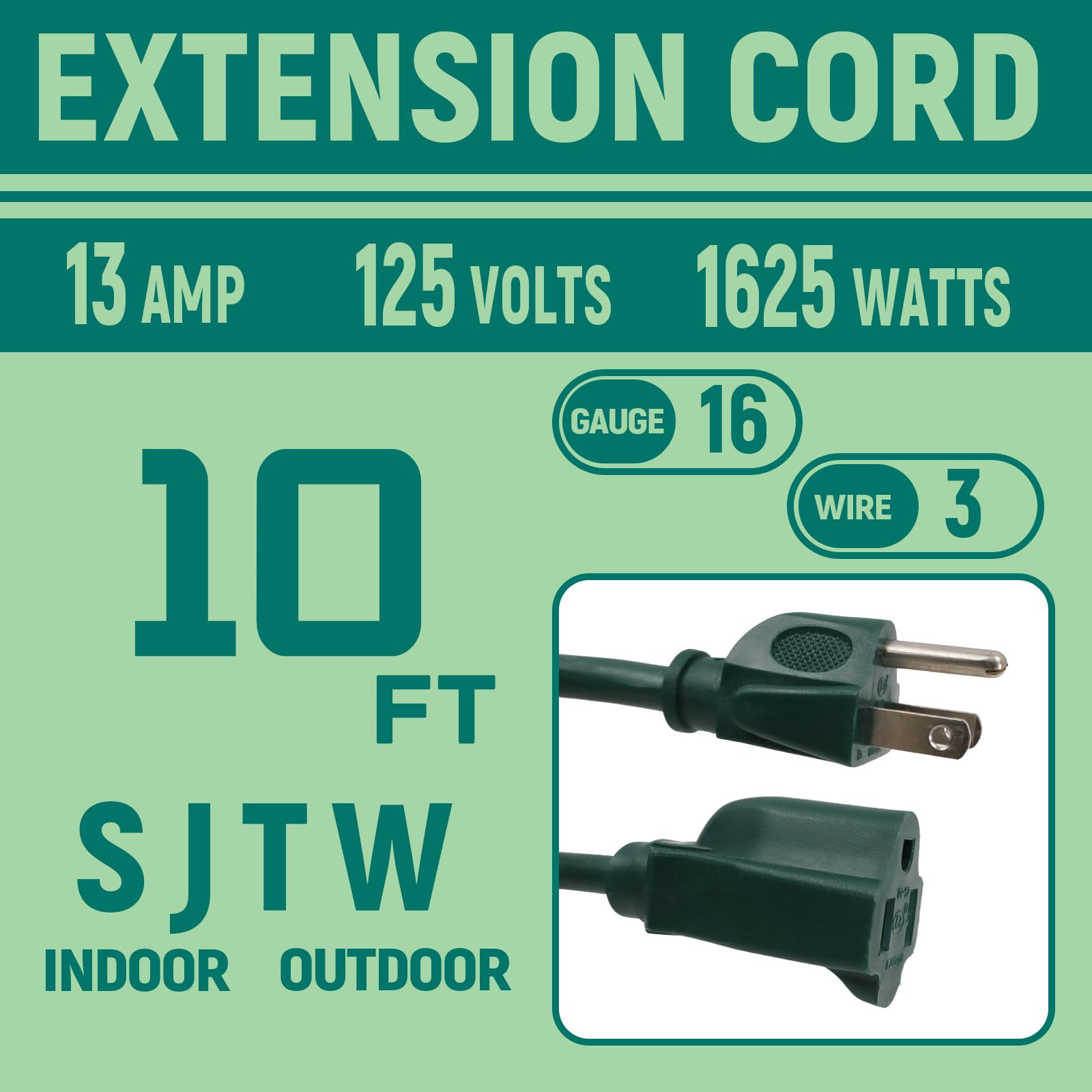 Greenprosper 10 Ft Indoor Outdoor Green Extension Cord, 16 Gauge Waterproof Electrical Power Cable, 16/3 Sjtw 3 Prong Grounded P