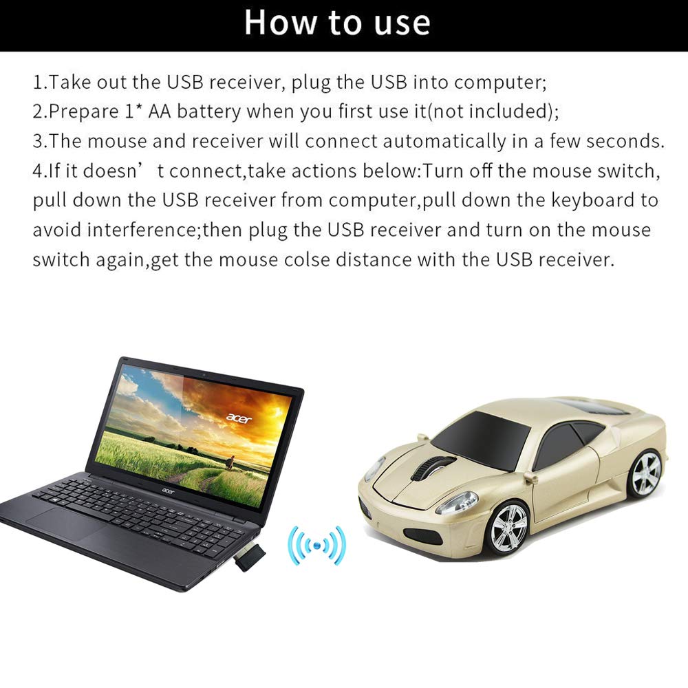 Jinfili Car Mouse Wireless Computer Office Ergonomic Mice For Notebook Laptop Windows 1600Dpi 2.4Ghz Blue Light