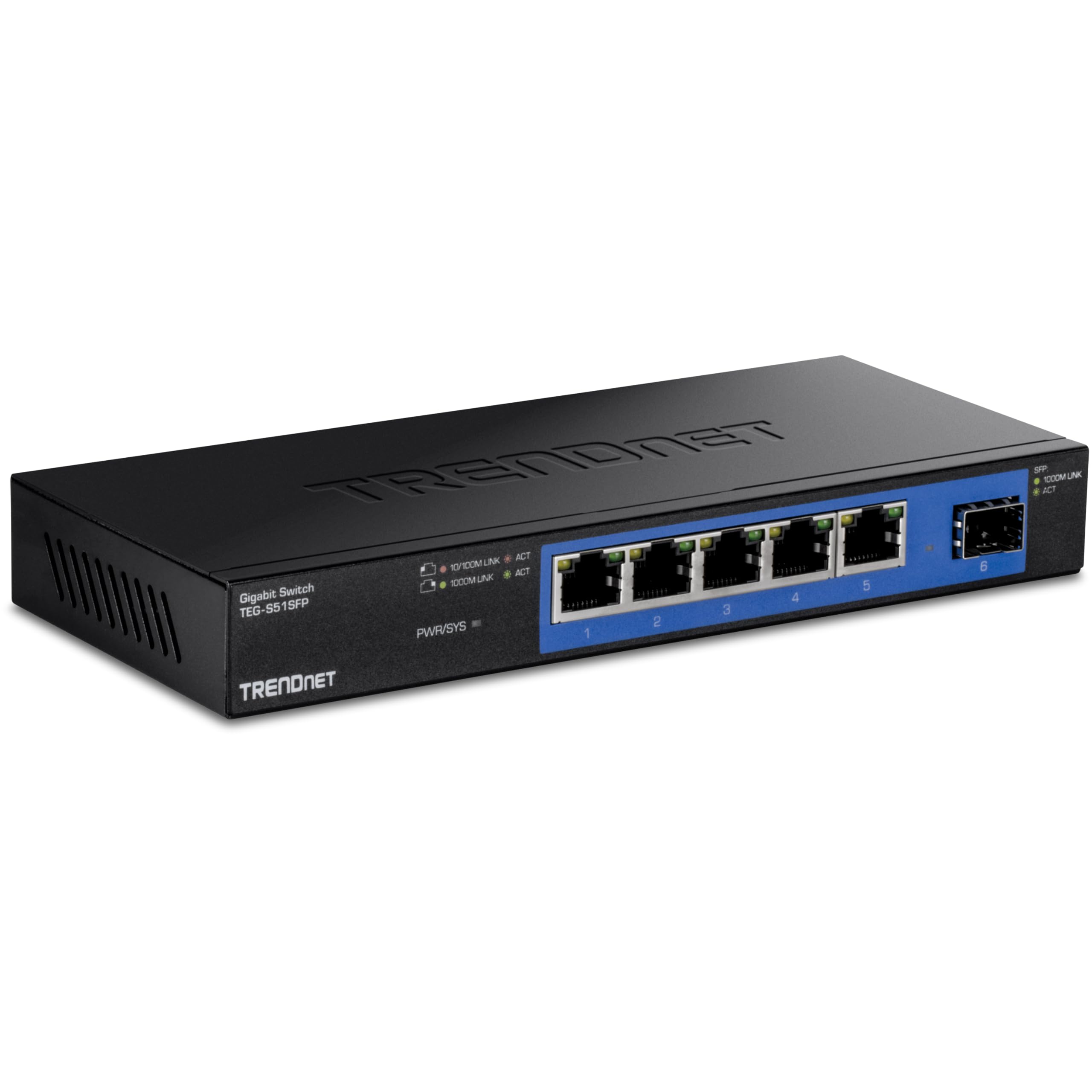 Trendnet 5 Port Gigabit Compact Metal Desktop Switch With Sfp Slot, Teg S51Sfp , Fanless Design, Wall Mountable, Lifetime Protection, Black