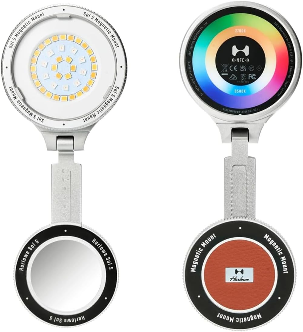 Harlowe Sol 5 Spectra Magnetic Selfie Light with Mirror Compatible with MagSafe Portable RGBCW LED Photography and Video Recordi