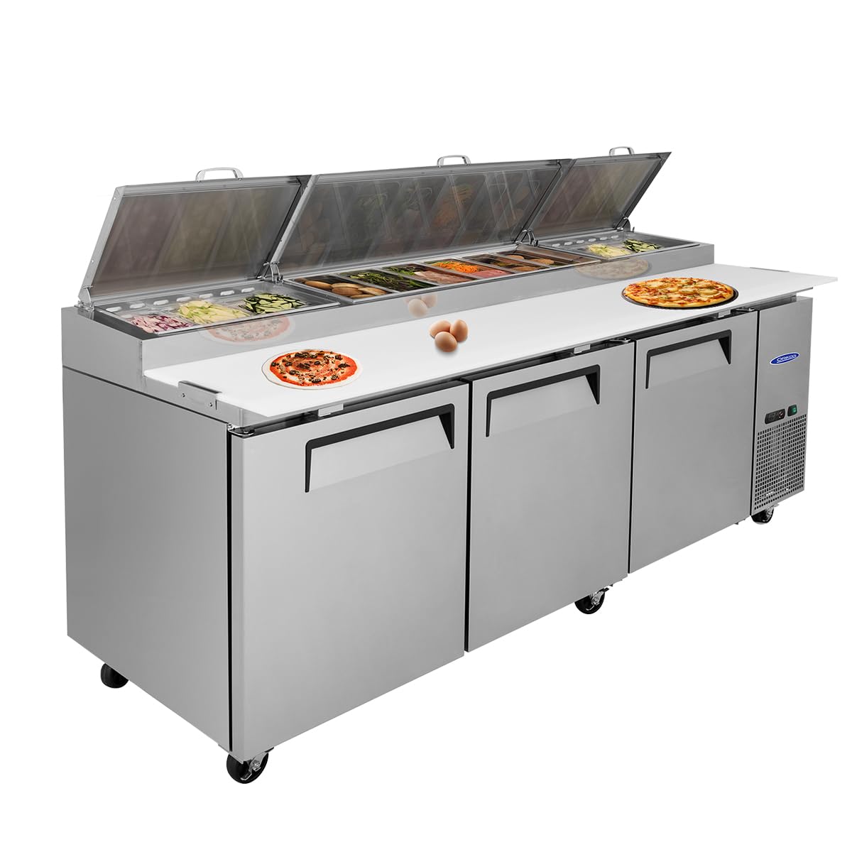 Favfurish Commercial Pizza Prep Table,93 Workspace with a Built-in Refrigerator 11 Cu.Ft and Cutting Board and Protection Lid,Co