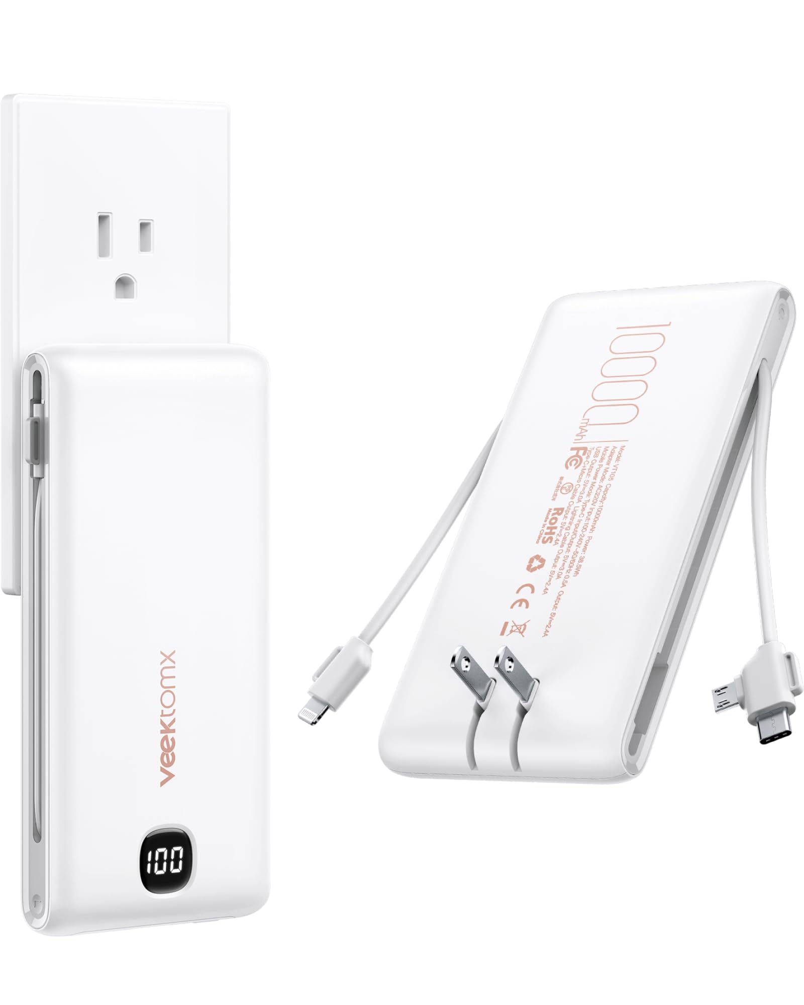 VEEKTOMX Portable Charger with Built in Cables 10000mAh, Power Bank for iPhone with AC Wall Plug, Fast Charging USB C Slim Batte