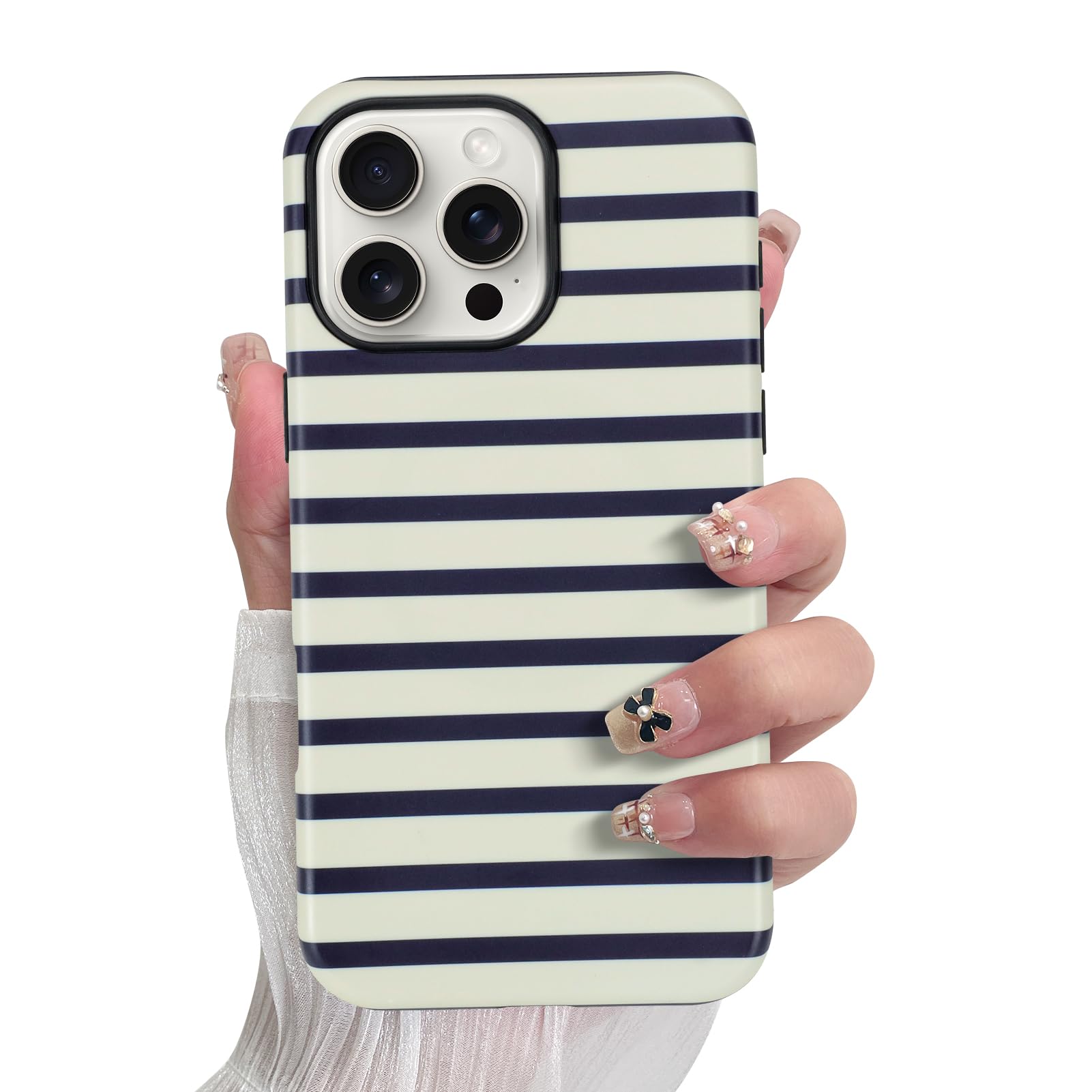 SOKAD Magnetic Horizontal Stripes Phone Case for iPhone 16 Pro, Cute Navy Blue Striped Line Pattern Compatible with Magsafe Matt