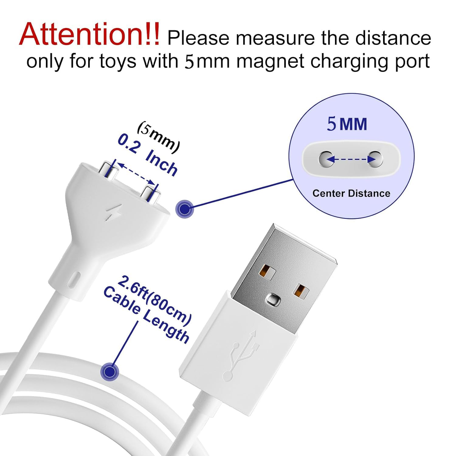 Fertile Rain Magnetic USB DC Charger Cable 2.7ft, 5MM Copper, White for Rechargeable Toys, Massagers, Electric Toothbrush