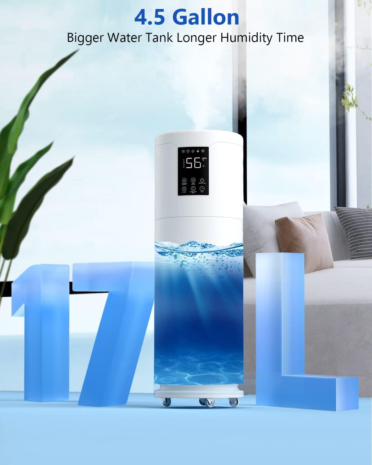 17L/4.5Gal Ultra Large Humidifiers For Bedroom 2000 Sq Ft, Quiet Humidifiers For Large Room, Tower Humidifier With 4 Mist Mode &