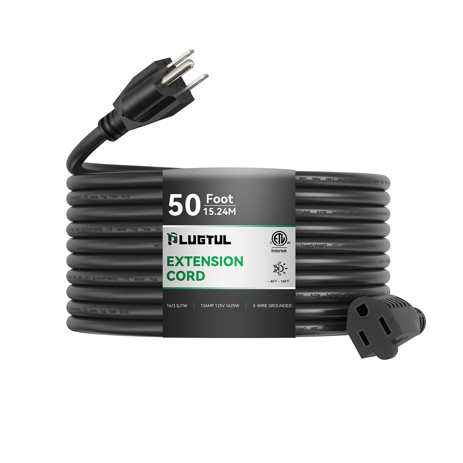 Plugtul Outdoor Extension Cord 50 Ft Waterproof, 16/3 Gauge Black Heavy Duty 3 Prong Extension Cord, 13A 1625W Sjtw, Etl Listed,