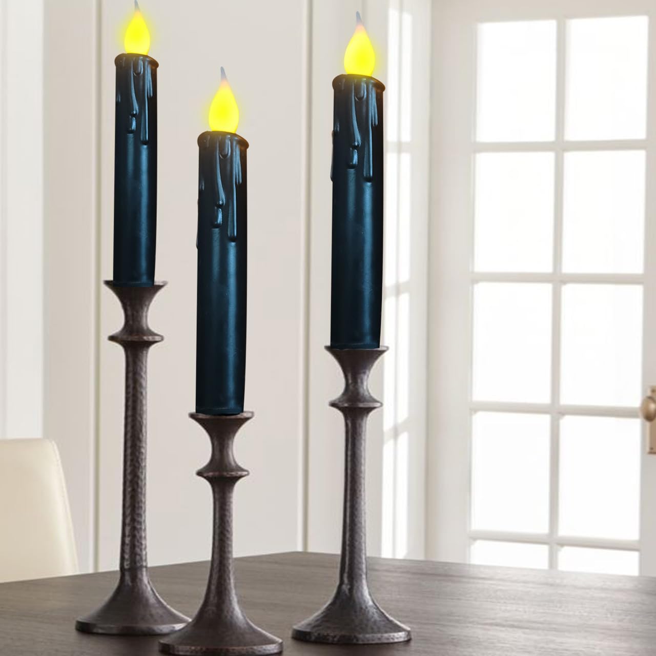 Lincountry.Primitive Black Wax Battery Operated Taper Candle Flickering Flame Realistic Flameless Taper Candle,6.75 Inch Electic