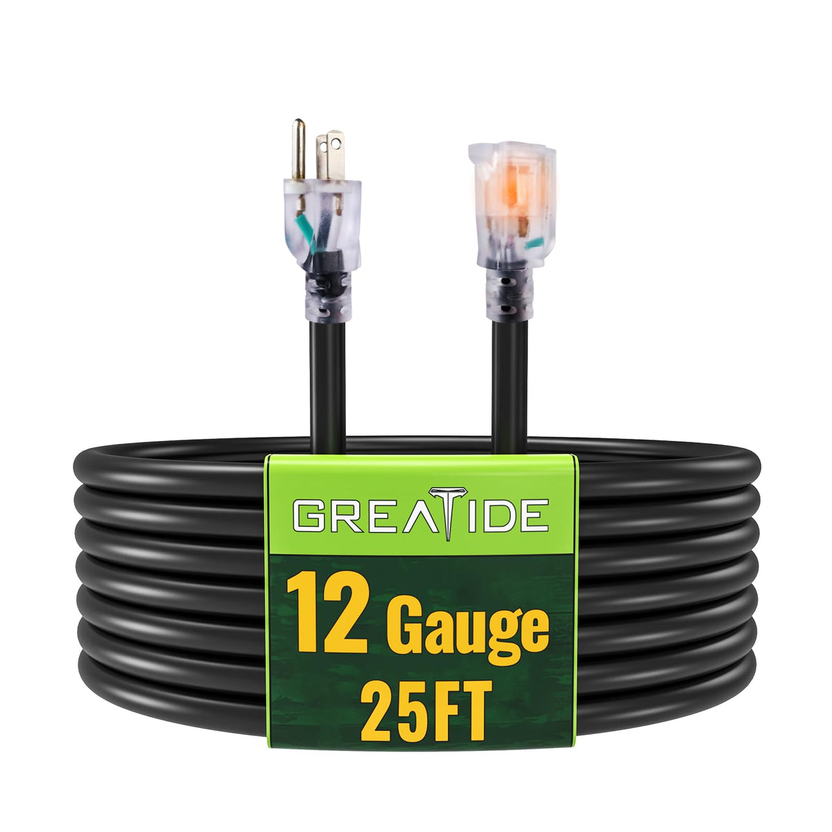 Greatide Outdoor Extension Cord With Lighted End, 12 Gauge Heavy Duty Extension Cord 25 Ft, 3 Prong Grounded 15 Amp Extension Co