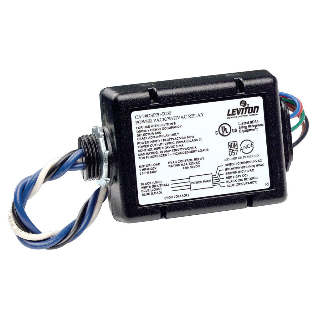Leviton OSP20 RD0 Fluorescent/Incandescent Power Pack for Occupancy Sensor with HVAC Relay, 20 Amp FL/INC, 120 277V, Black