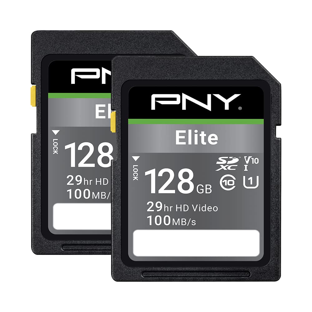 Pny 128Gb Elite Class 10 U1 V10 Sdxc Flash Memory Card 2 Pack   100Mb/S Read, Class 10, U1, V10, Full Hd, Uhs I, Full Size Sd