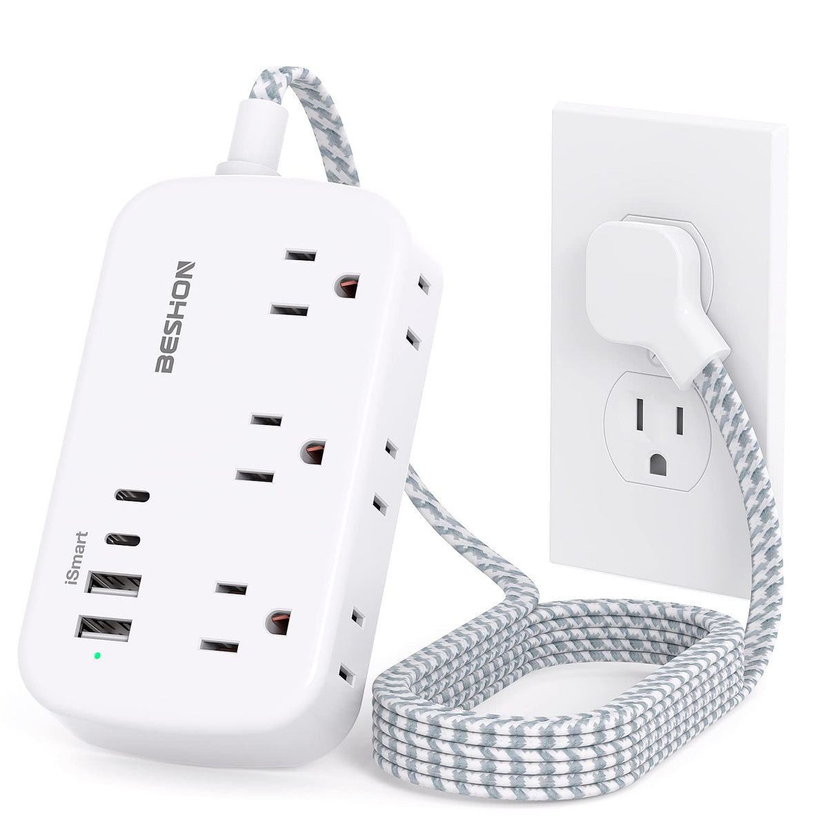Beshon Flat Extension Cord, 5Ft Plug Power Strip With Usb C, 6 Outlets 4 Ports (2 C) Slim Desk Charging Station, No Surge Protec