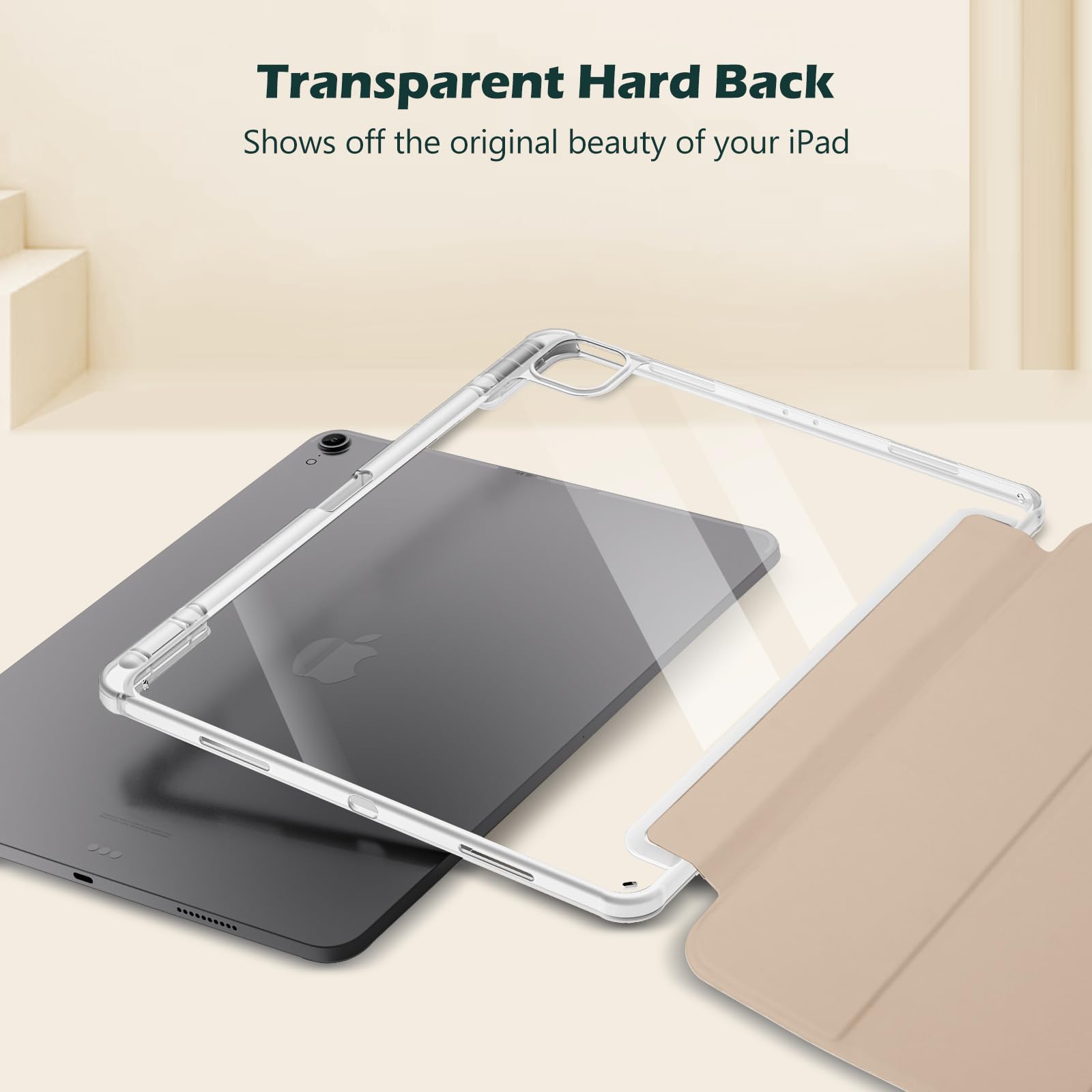 Procase For Ipad Air 13 Inch Case M3 2025/M2 2024 With Pencil Holder, Hybrid Smart Cover Ipad 13 Air M3 M2 Case With Clear Transparent Back, Supports Touch Id, Auto Wake/Sleep  Starlight