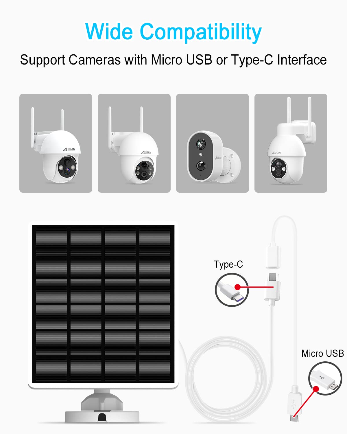 Anran 3W Solar Panel With 3M Micro Usb & Type C Port Cable, Compatible With Rechargeable Battery Powered Security Cameras Cctv C