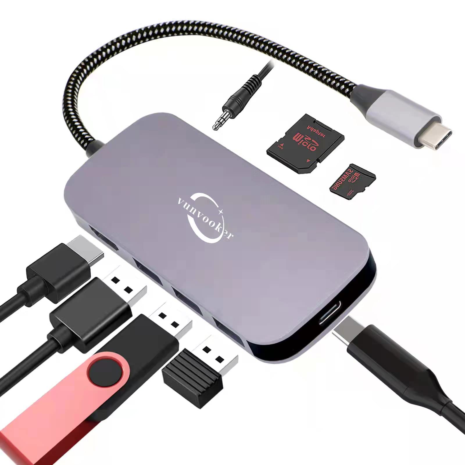 Usb C Hub,8In1 Multiport Usb C Docking Station With 3.5Mm Audio Jack,4K Hdmi,100W Pd,Tf/Sd Card Reader And 3 Usb 3.0 Data Ports 