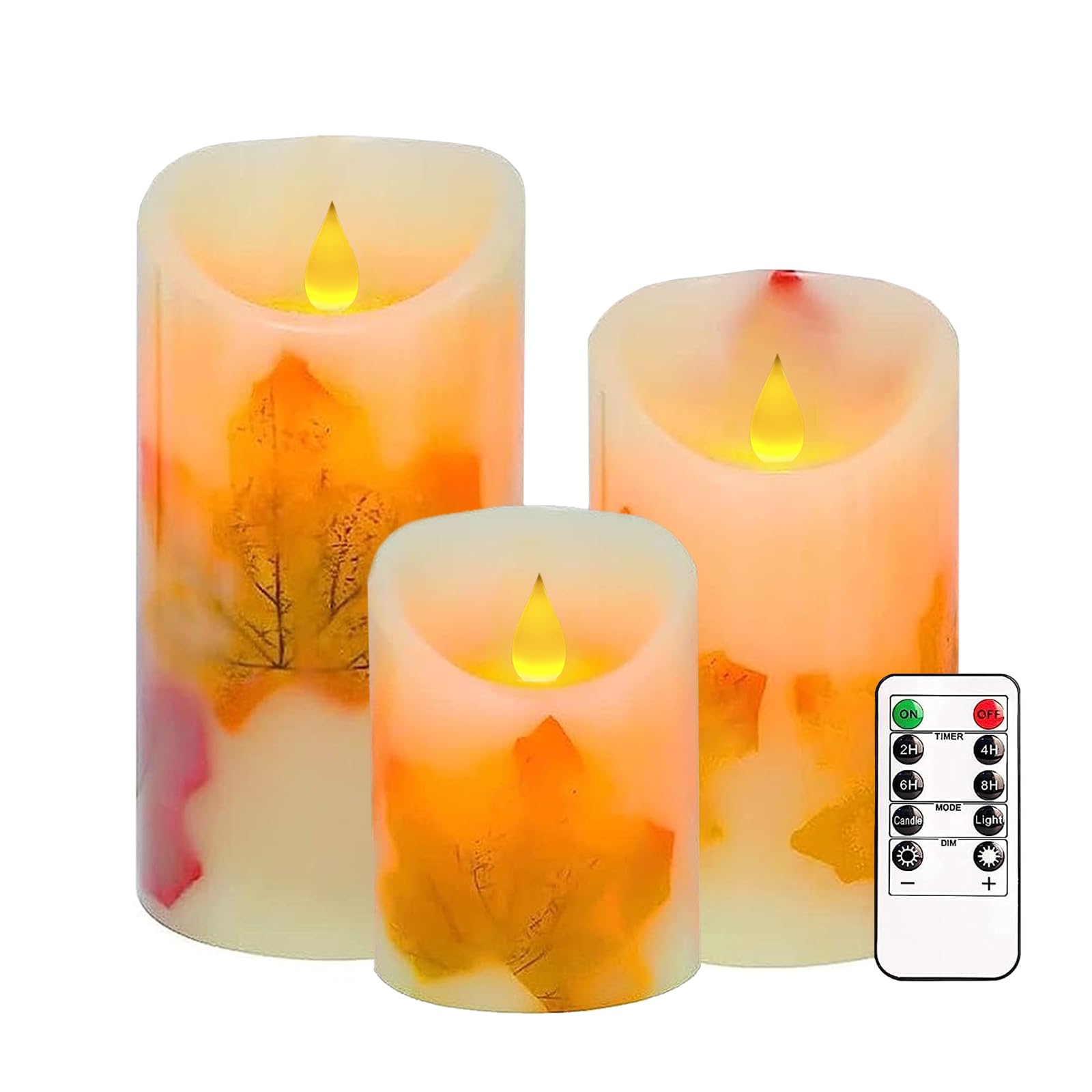 Flameless Candles Lights, Set Of 3 Maple Leaf Flickering Led Candles With Remote & Timer, Dimmable Led Pillar Candles Battery Op