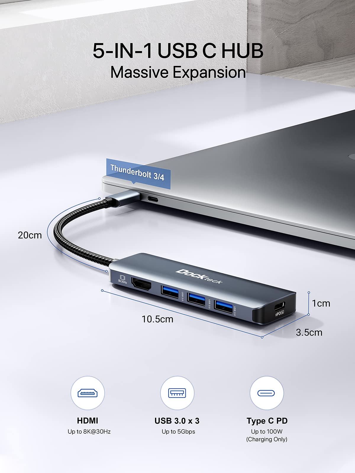8K Hdmi Usb C Hub, 5 In 1 Usb C Multiport Adapter, Dockteck Usb Dock Dongle With 8K 30Hz/4K 120Hz/4K 60Hz Hdmi, 100W Pd, 3 X Usb
