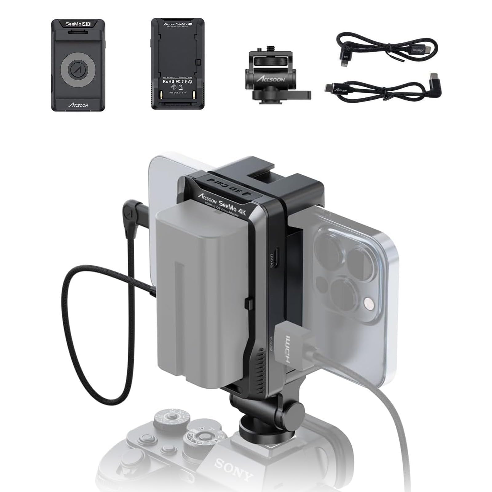 Accsoon Seemo 4K Hdmi Video Transmitter Adapter For Iphone Ipad, Ios/Hdmi Video Capture Terminal Turns Iphone Into On Camera Monitor, For Video Recording Live Streaming Black